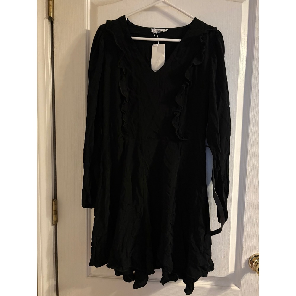 Reserved Ruffle V-Neck Mini Dress Women XL Black NWT Viscose Belted Romantic